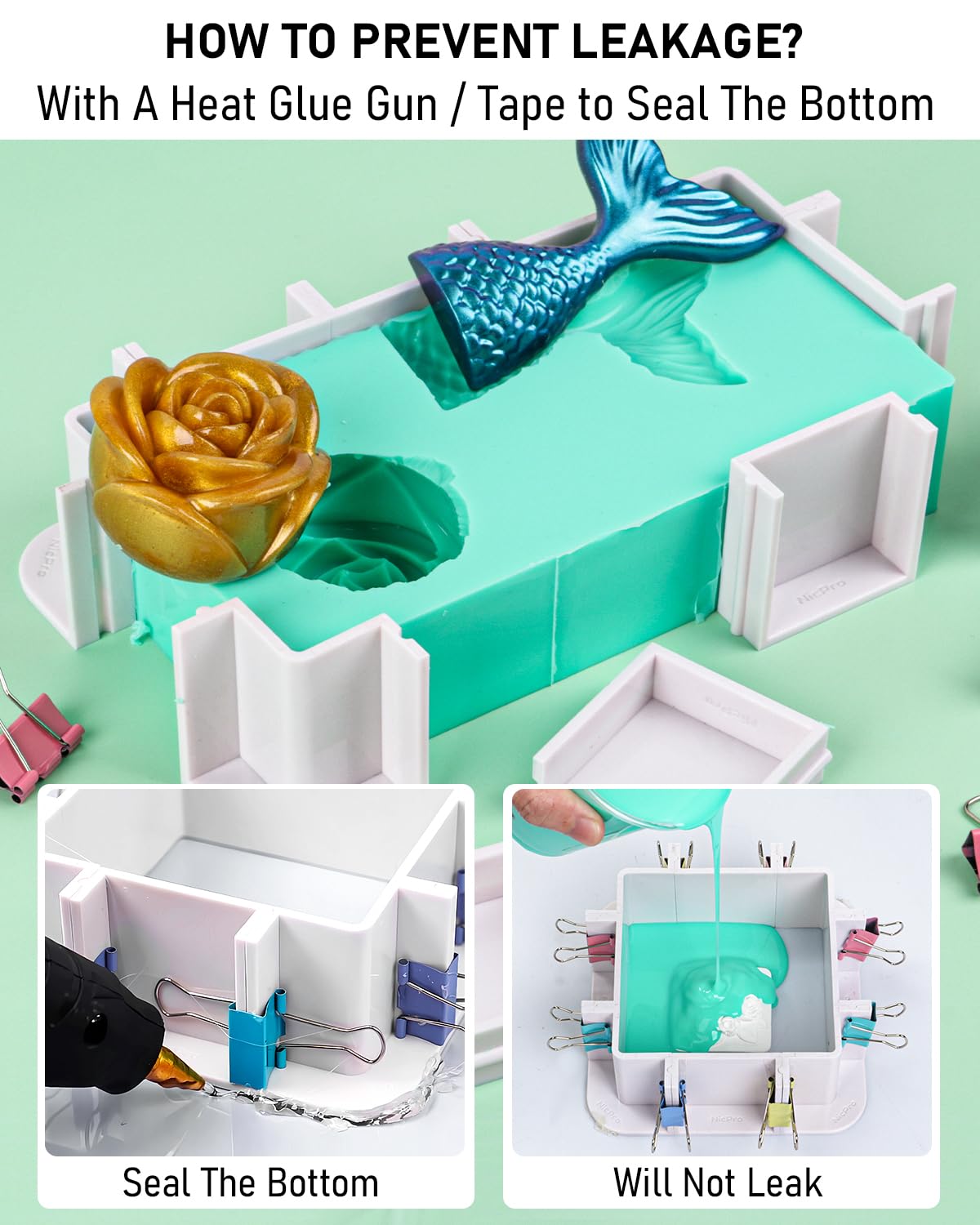 Nicpro 74oz Silicone Mold Making Kit, Liquid Silicone Rubber for Mold Making, Jade Green Flexible & Food Safe Silicone Mold Kit, Mix Ratio 1:1 Casting Silicone for Resin Molds with Mold Housing