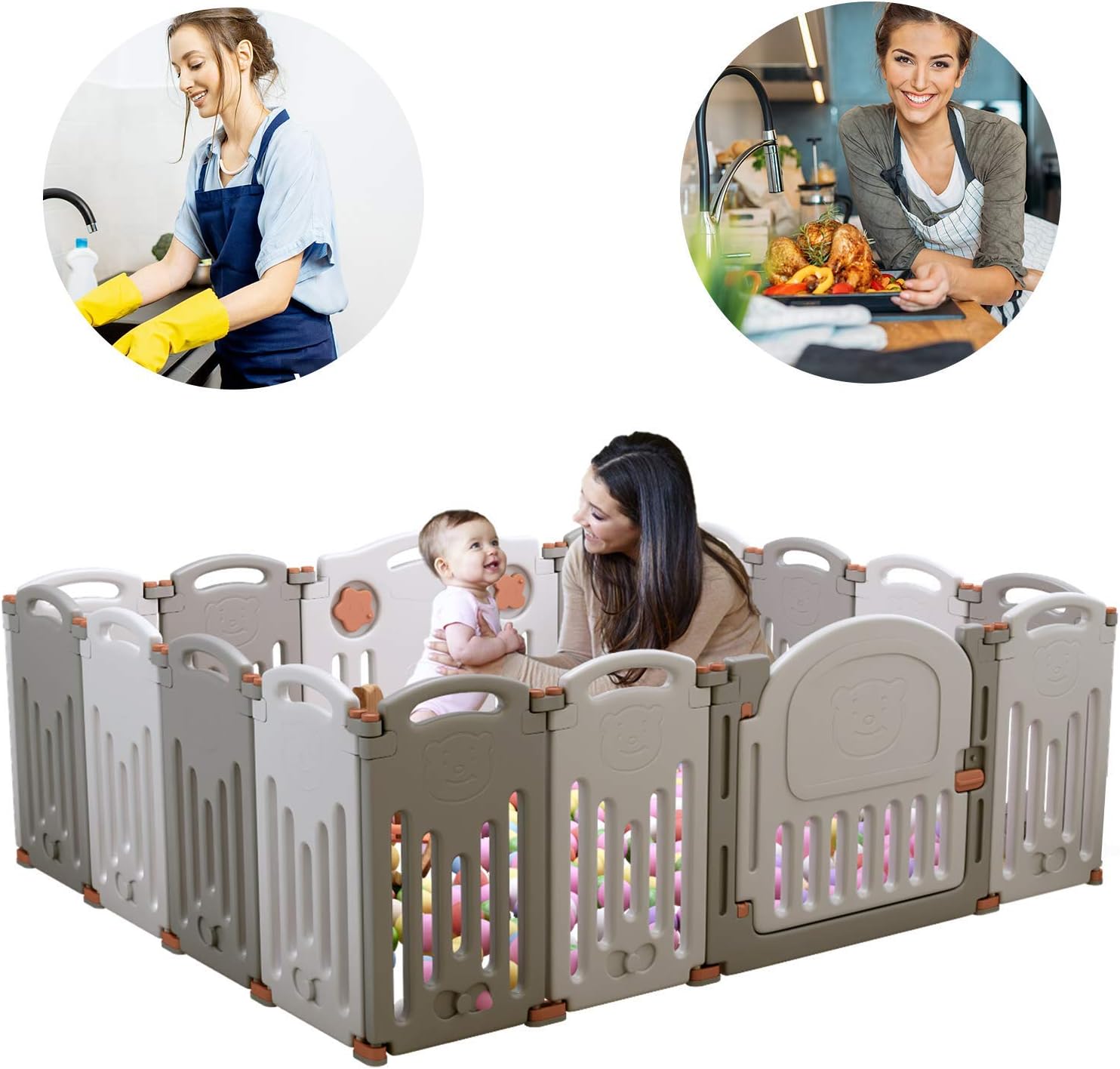 Baby Playpen Foldable 16 Panel Activity Center Safety Playard with Lock Door,Kid's Fence Indoor Outdoor,Free Installation,Double Layer Clasp and Anti-Slip Base for Children 10 Months~6 Years Old