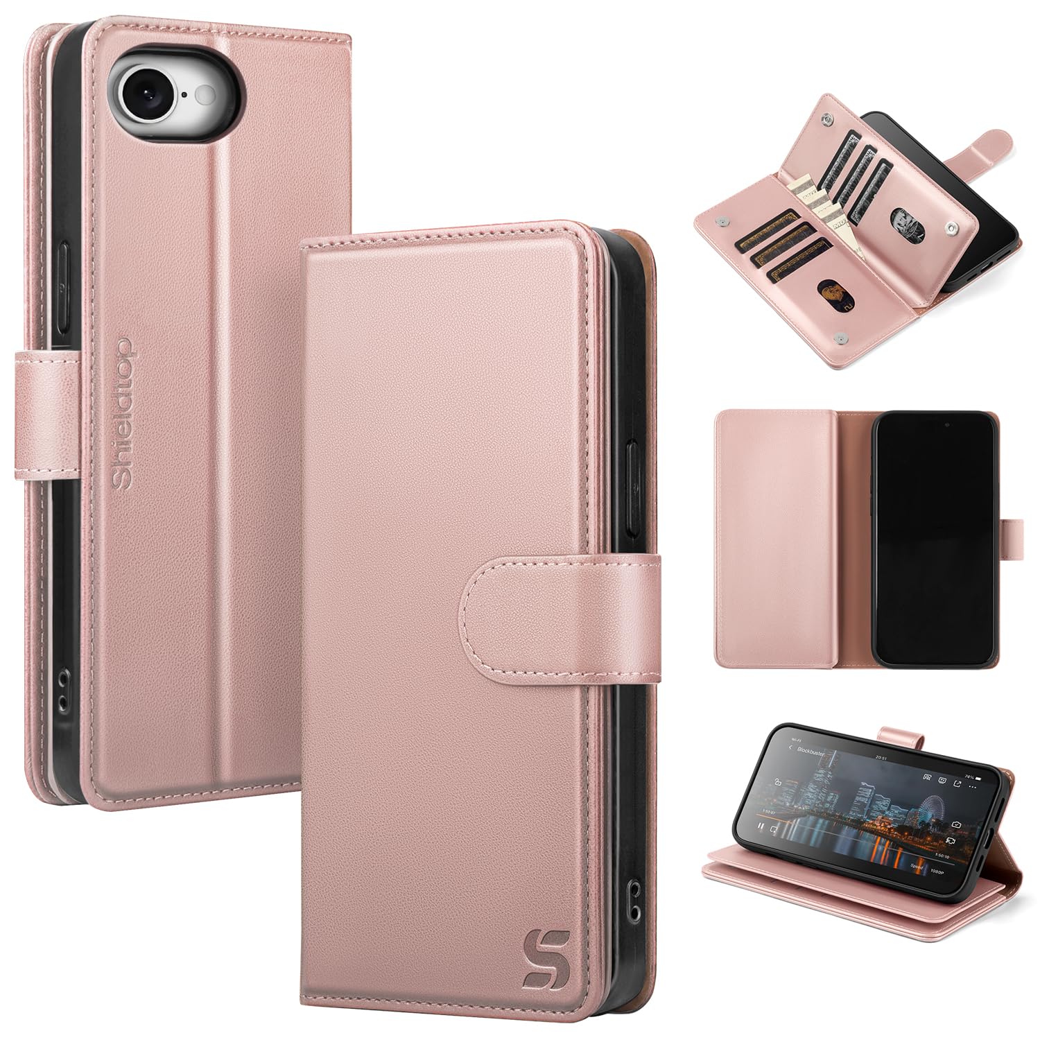 Shieldtop Compatible with iPhone 17e / 16e Wallet Case with Card Holder,Women Men RFID Blocking PU Leather Folio Flip TPU Protective Cover Credit Card Slots,Phone Case for Apple 17e / 16e,Rose Gold