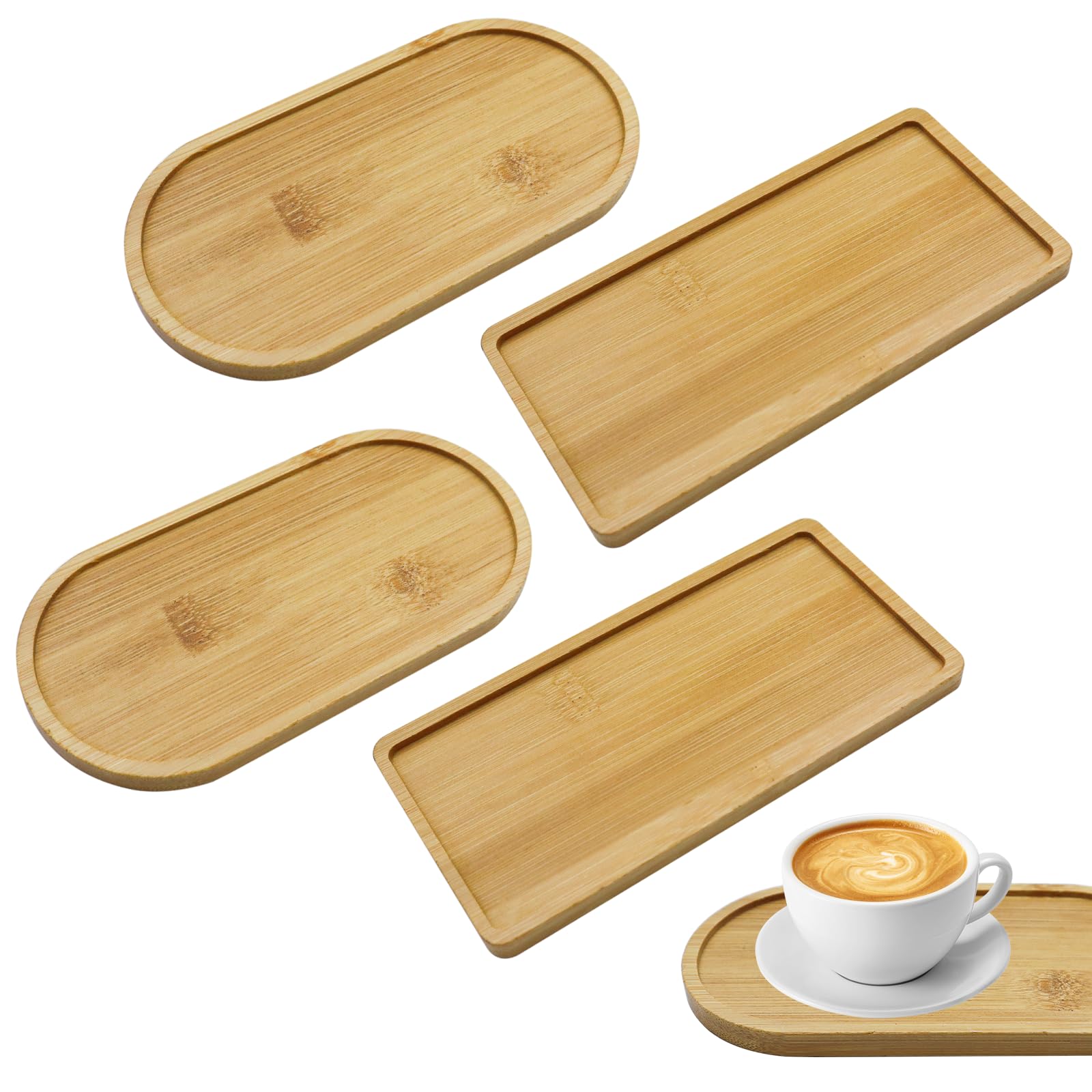 4 PCS Bamboo Tray Rectangular Oval Wooden Tray Solid Bamboo Tea Serving Tray Wooden Serving Platter Small Trays Cup Coaster Flower Plant Succulent Tray for Tea, Fruit, Snacks, Wine Glasses, Cakes