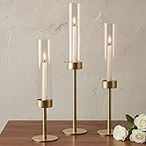 Ronasip Hurricane Candle Holders Set of 3, Matte Gold Metal Taper Candlestick Holders with Clear Glass Chimney Cylinder Tubes, Tall Candle Stands for Wedding, Christmas, Dining Table Centerpiece Decor