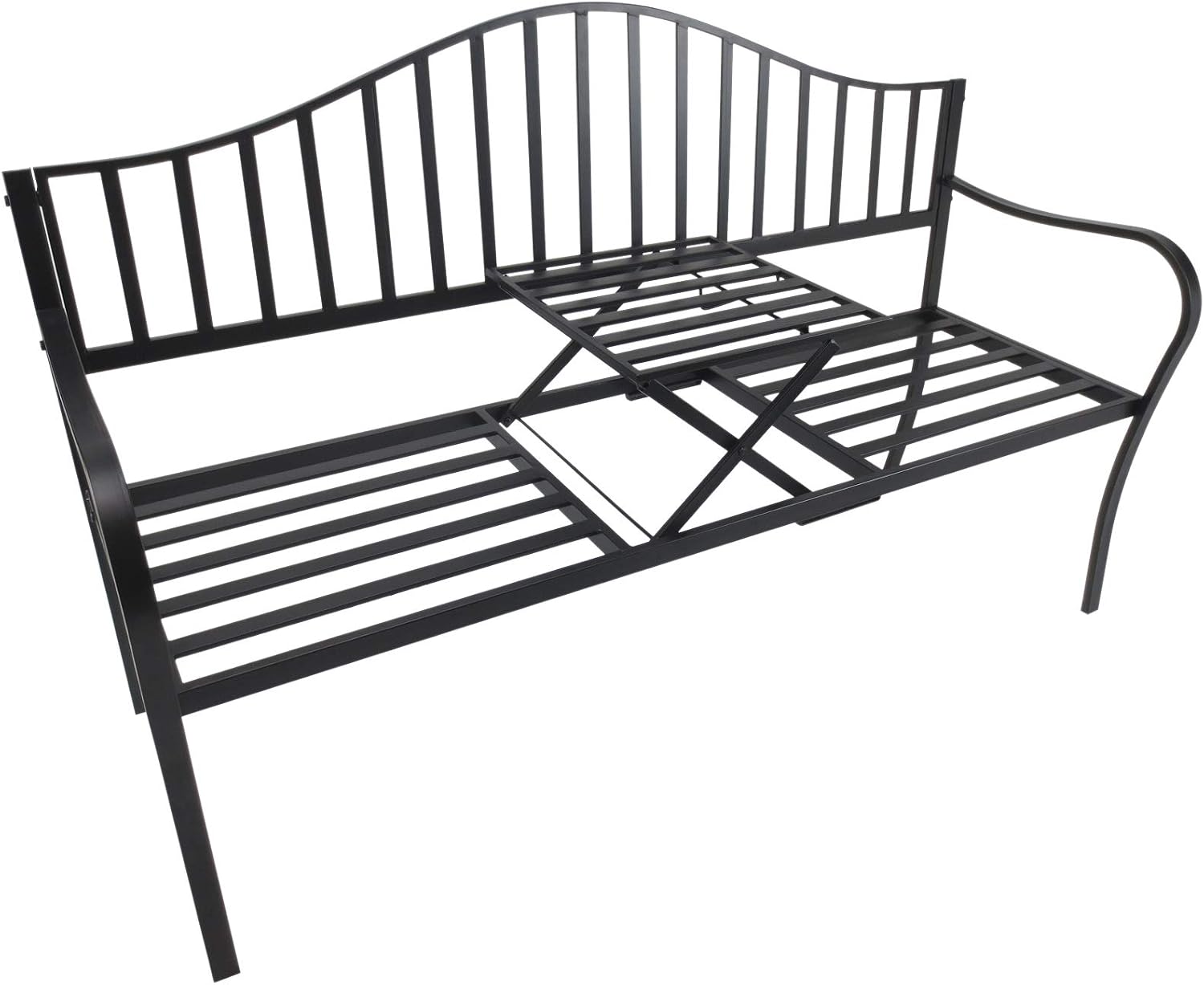 Outsunny Outdoor Metal Frame 2 Seater Bench Patio Park Garden Seating Chair with Foldable Middle Table, Black, Two Seats