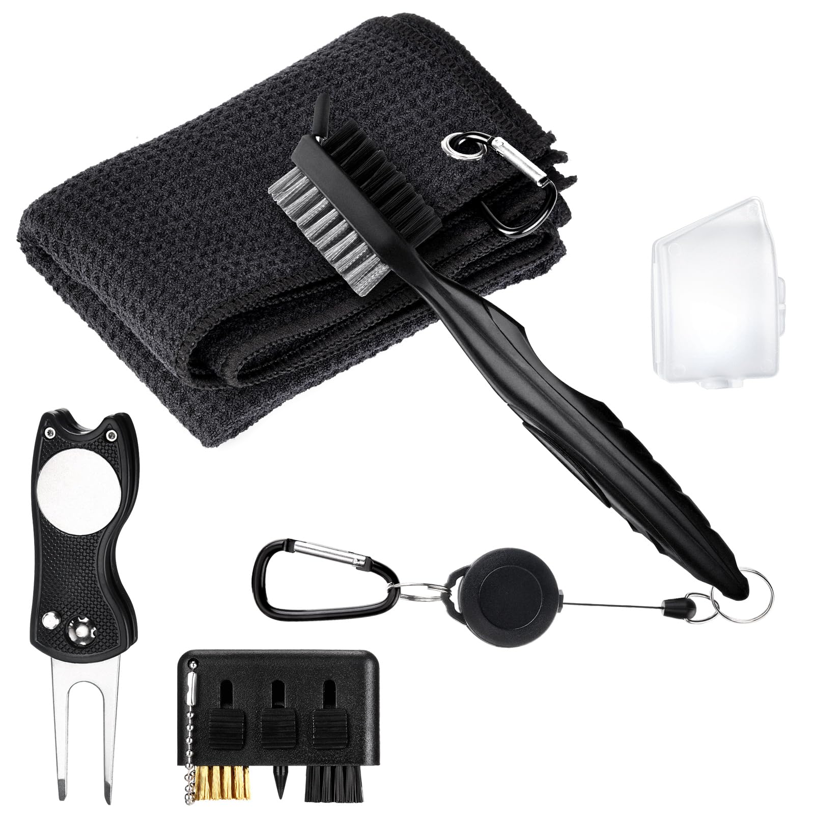 Vyuwast 5 Pack Golf Club Cleaner Brush, Golf Accessories for Men - Towel, Pitch Mark Repair Tool Kit Set, Divot Tool, Ball Marker, Carabiner (Black)