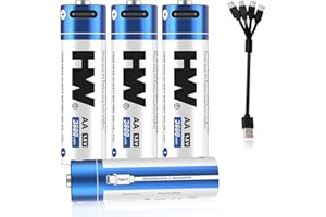 HW Rechargeable Lithium Batteries AA 4 Pack,1.5V 3600mWh Double A Battery with USB-C Cable,1000+ Cycles 2A Batteria for Flash