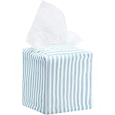 Potchen Coastal Tissue Box Cover Light Blue and White Stripe Tissue Box Cover Decorative Cotton Square Napkin Holder for Home Bedroom Living Room Bathroom Office Kitchen