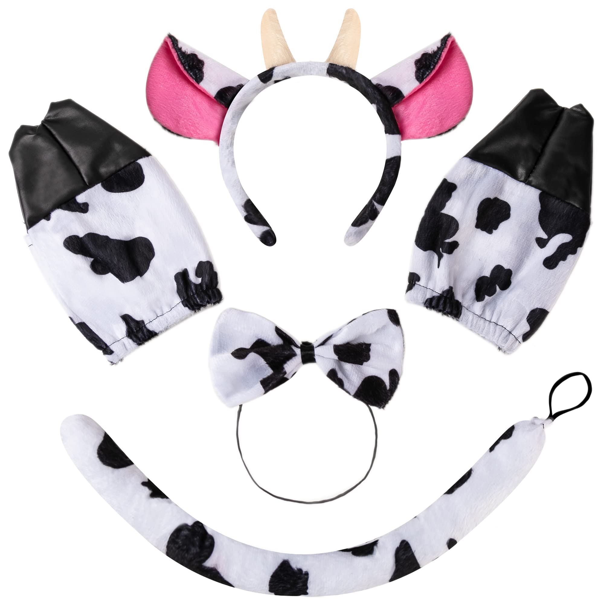 5 Pcs Animal Cow Costume Accessories Set with Cow Ears Headband, Bowtie, Gloves and Tail Animal Cow Costume Accessories