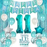 11th Birthday Decorations for Girls Teal - Happy 11th Birthday Decorations Eleventh Cake Topper Teal Fringe Curtain Turquoise Banner Number 11 Foil Balloon, 11 Year Old Girl Party Decor