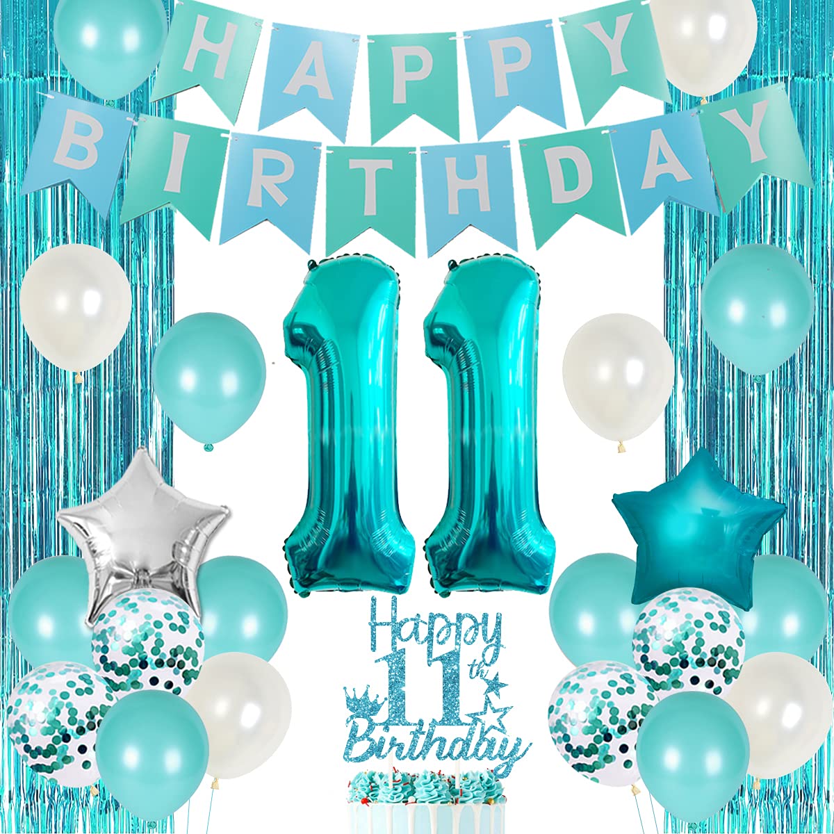 Photo 1 of 11th Birthday Decorations for Girls Teal - Happy 11th Birthday Decorations Eleventh Cake Topper Teal Fringe Curtain Turquoise Banner Number 11 Foil Balloon, 11 Year Old Girl Party Decor