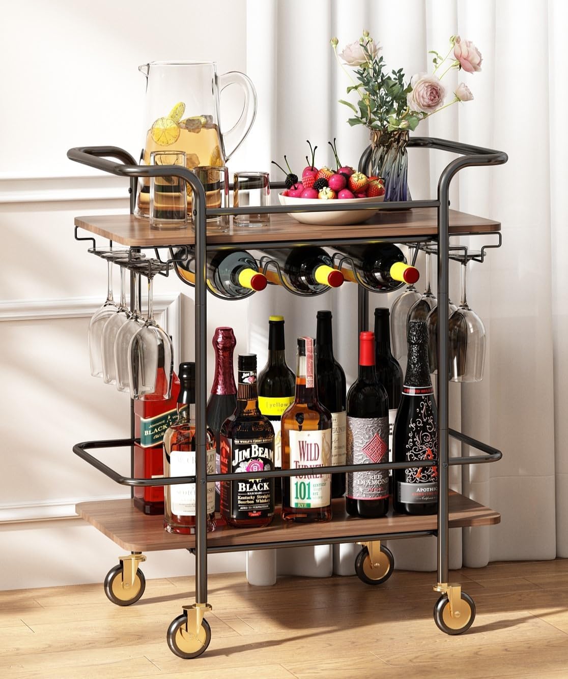 Photo 1 of Wisdom Star 2 Tier Bar Cart with Wheels, Serving Cart with Wheels and 2 Handle, Outdoor Bar Cart for The Home with Wine Rack and Glass Holder, Kitchen Serving Cart for Home, Dining Room, Party, Black