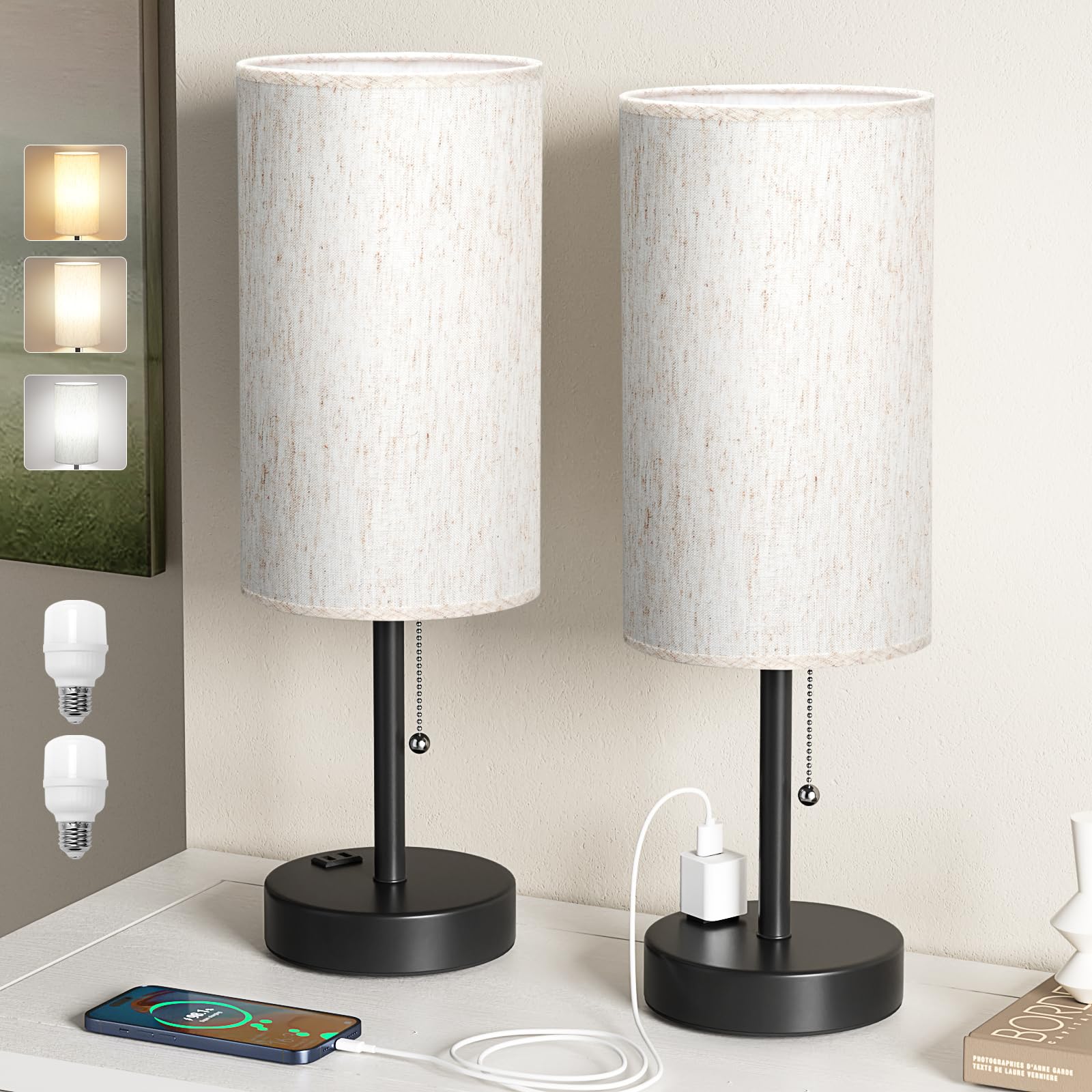 Photo 1 of Plus Bedside Table Lamps Set of 2 - 3 Color Temperatures Pull Chain Lamp with AC Outlet Charging Port, Two Round Night Stand Lamps for Bedroom Guest Room Office, Bed Side Light with E26 LED Bulbs