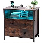 Tykacna 27 Inch Wide Night Stand, Large Wood Night Stand with 2 Drawers, LED Nightstand with Charging Station and Adjustable Drawer, Bedside Table for Living Room/Bedroom/Study/Office, Retro.