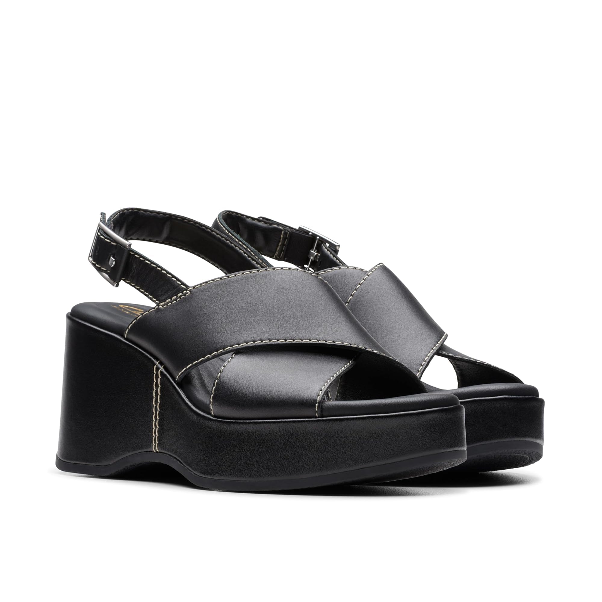 Clarks Women’s Manon Wish Wedge Sandal, Black Leather, 7.5