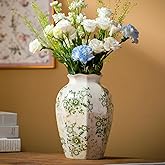 Green and White Vintage Ceramic Vase, 9.1 Inch Ice Glazed Crack Chinoiserie Rustic Floral vases, Green and Beige Large Pastoral Farmhouse Flower Vase for Tuscan Home Decor (D 6" X H 9.1")