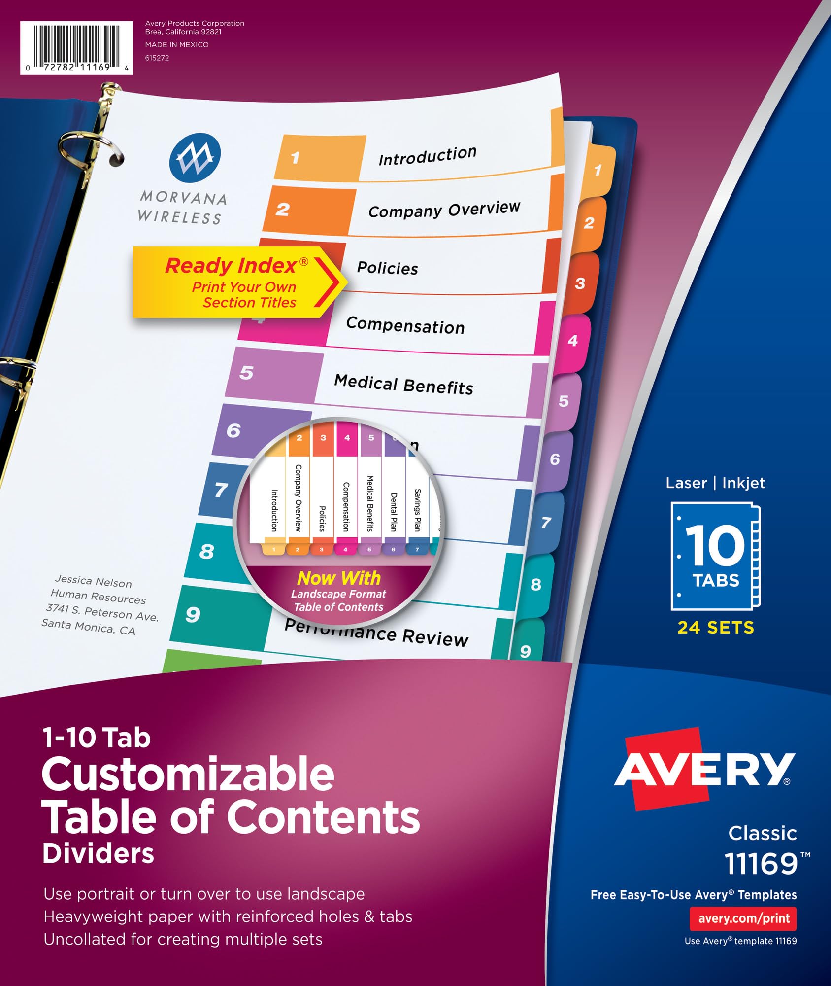 Avery 10 Tab Dividers for 3 Ring Binders, Customizable Table of Contents, Multicolor Tabs, 24 Sets (11169)