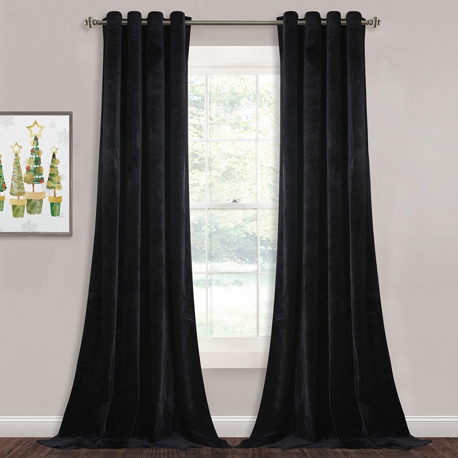 Window Treatments - StangH Blackout Velvet Curtain Panels - Heat Insulated Black Velvet Drapes 96 Inches Length Living Room Privacy Grommet Window Panels for Basement/Dining Room, 52 x 96 inches, 2 Panels