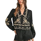 Yinawsky Cropped Floral Embroidery Long Sleeve V Neck Blouse Collar Button Down Shirt