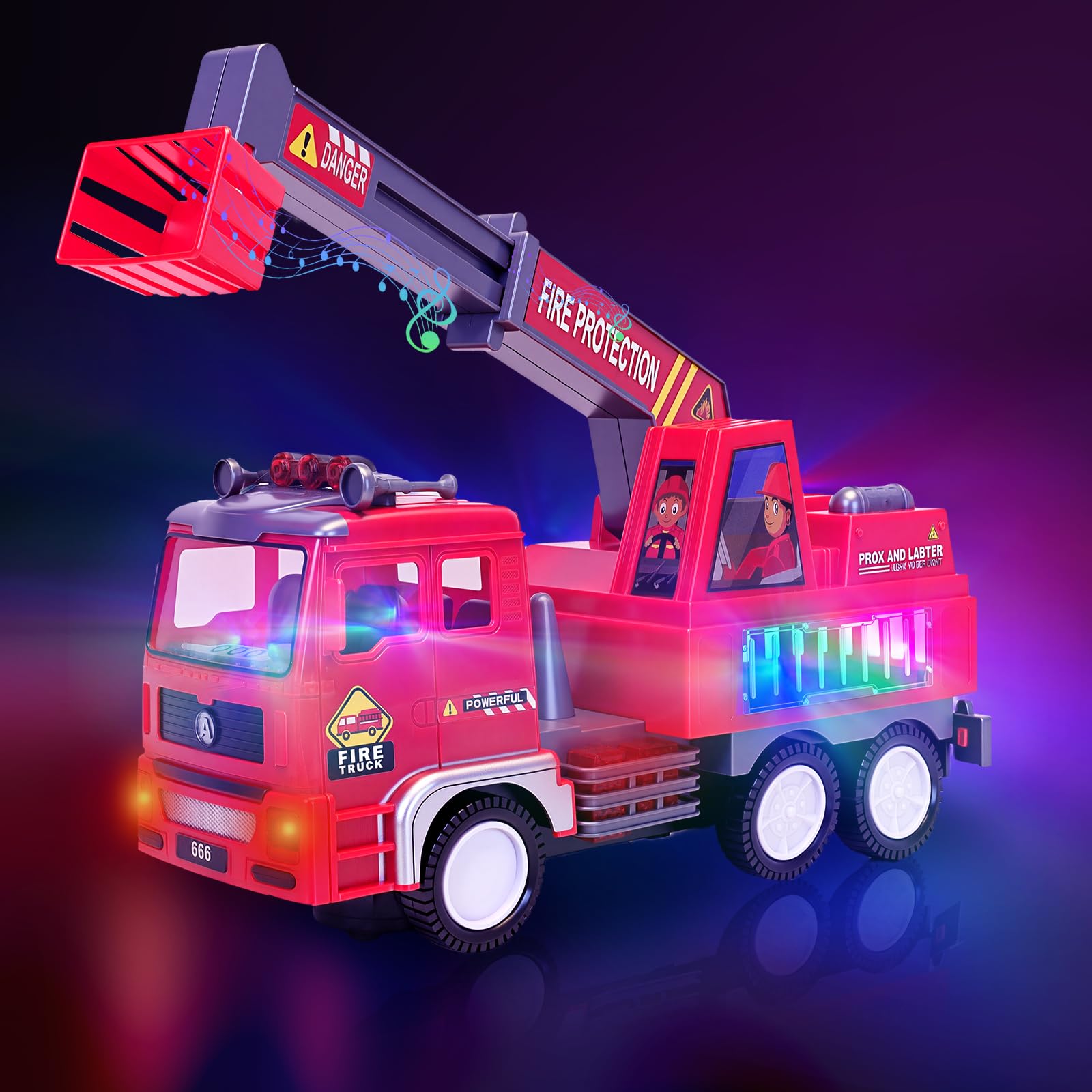 MPQMPQ Fire Engine Toys for Kids - 3 4 5 6 Year Olds Boy Fire Truck Toys with Music & Light, Rotating, Obstacle-avoiding Large Electric Fire Engine Toddler Indoor Toy (Ladder Fire Truck)