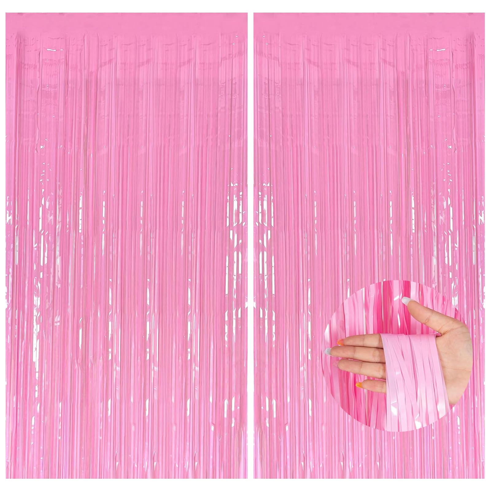 2pcs Pink Tinsel Curtains, 3.2x6.5ft Macaron Party Foil Door Curtains with Pastel Fringe Tassel Tinsel Backdrop for Girls Unicorn Mermaid Fairy Princess Party Décor