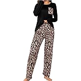 ZAFUL Women's Leopard Print Pajama Set Long Sleeve T-Shirt And Pants Pjs Sleepwear 2 Piece Lounge Set