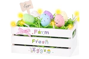 AWEYKA Easter Tiered Tray Decor Mini Wooden Crate Farm Fresh Eggs Wooden Sign Rustic Farmhouse Wood Box with Decorative Eggs with LED Light and Raffia for Easter Spring Home Decor Table Centerpiece