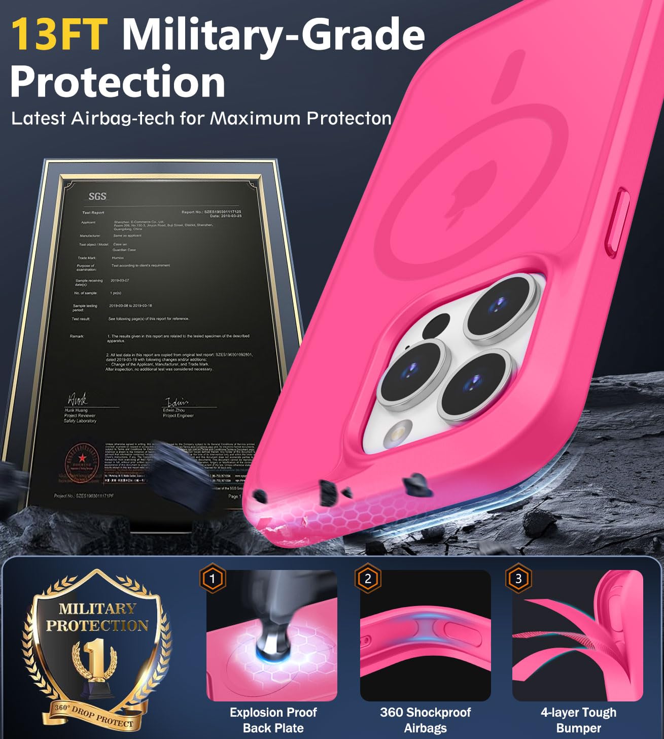 Ultra Strong Magnetic for iPhone 15 Pro Case, [Compatible with Magsafe] [Glass Screen + Camera Protector] Slim Translucent Matte Shockproof Case for iPhone 15 Pro Case 6.1 inch, Hot Pink