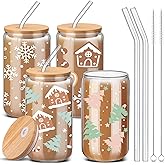 SiliFine 4 Pcs Christmas Glass Cups with Lid and Straw 16 oz Christmas Drinking Glasses Xmas Iced Coffee Cups Can Shape Xmas Mug Tumbler for Women Men Birthday Party Favor Gift