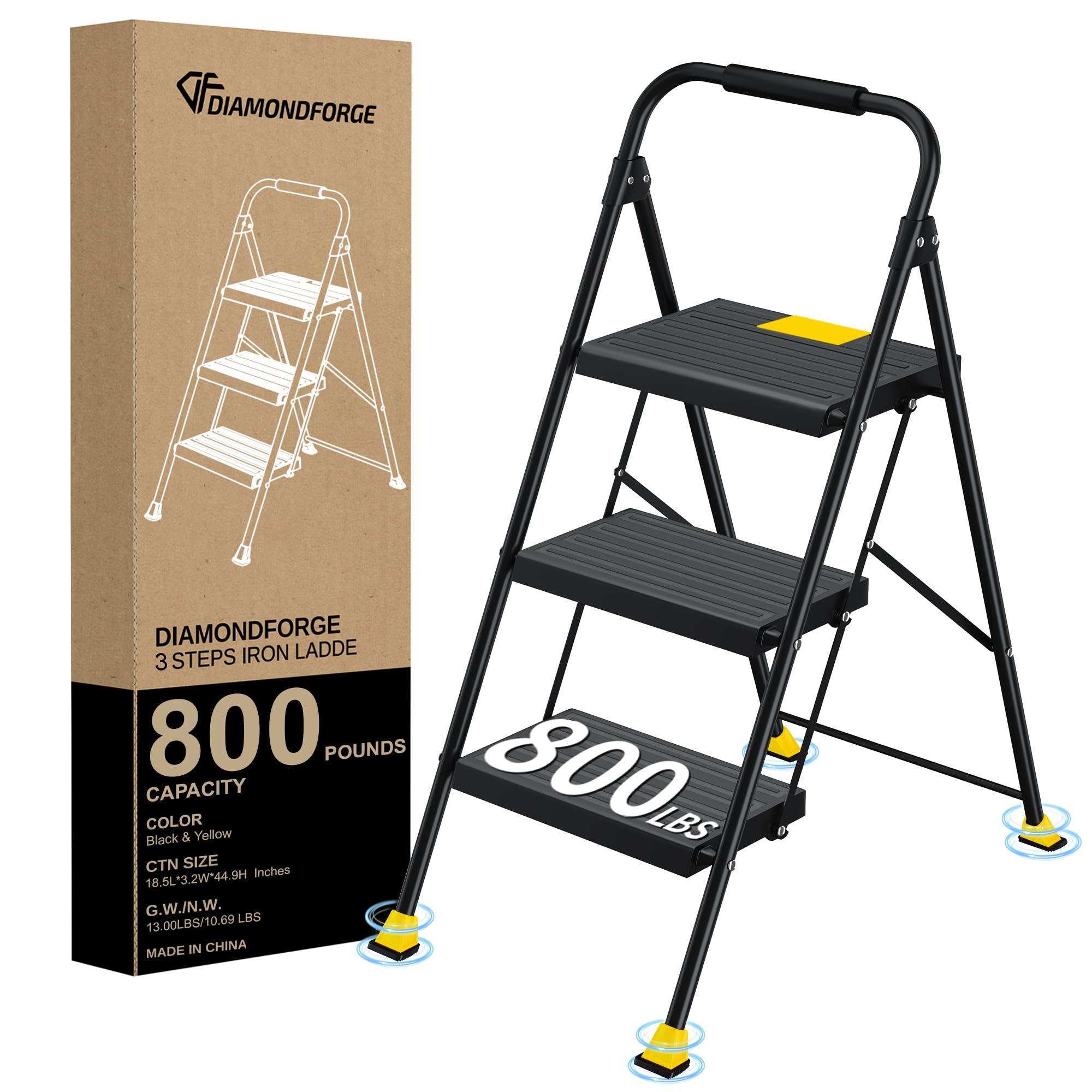 Step Ladder Foldable Folding Stool - for Home Adults Kitchen 3 Stepping Extension Tall Heavy Duty with Handrails - Closet Stepstool Stair Ladders Extendable Stepladder for Indoor House 800Lbs Image