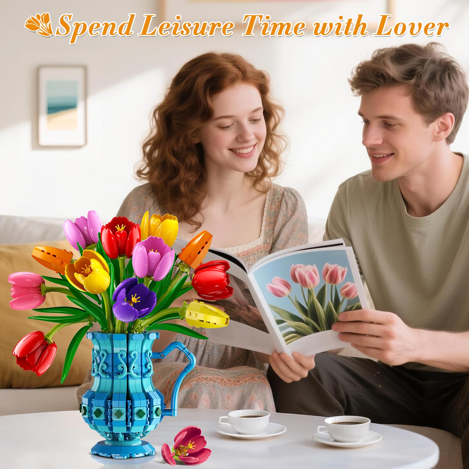 CUBIMANA Blumenstrauß Bausatz mit Vase, 768 Teile Tulpen Blumen Set für Erwachsene, Künstliche Botanicals Bonsai Bausteine für Home Deko, Valentinstag Geburtstag Geschenk für Frauen Mutter Mädchen 12+ 2