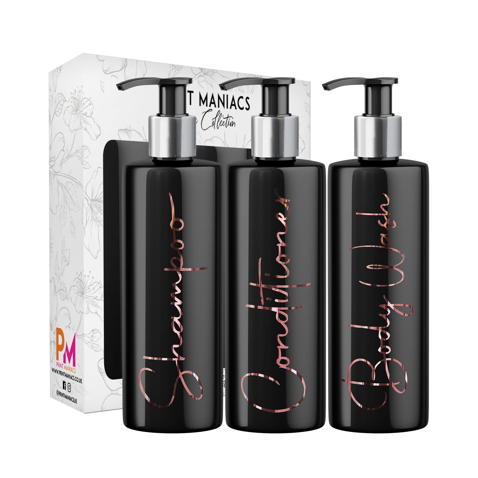 Print Maniacs Mrs Hinch Inspired Black Personalised Dispenser Silver Pump Bottles Set 3 (ROSE GOLD, F2)