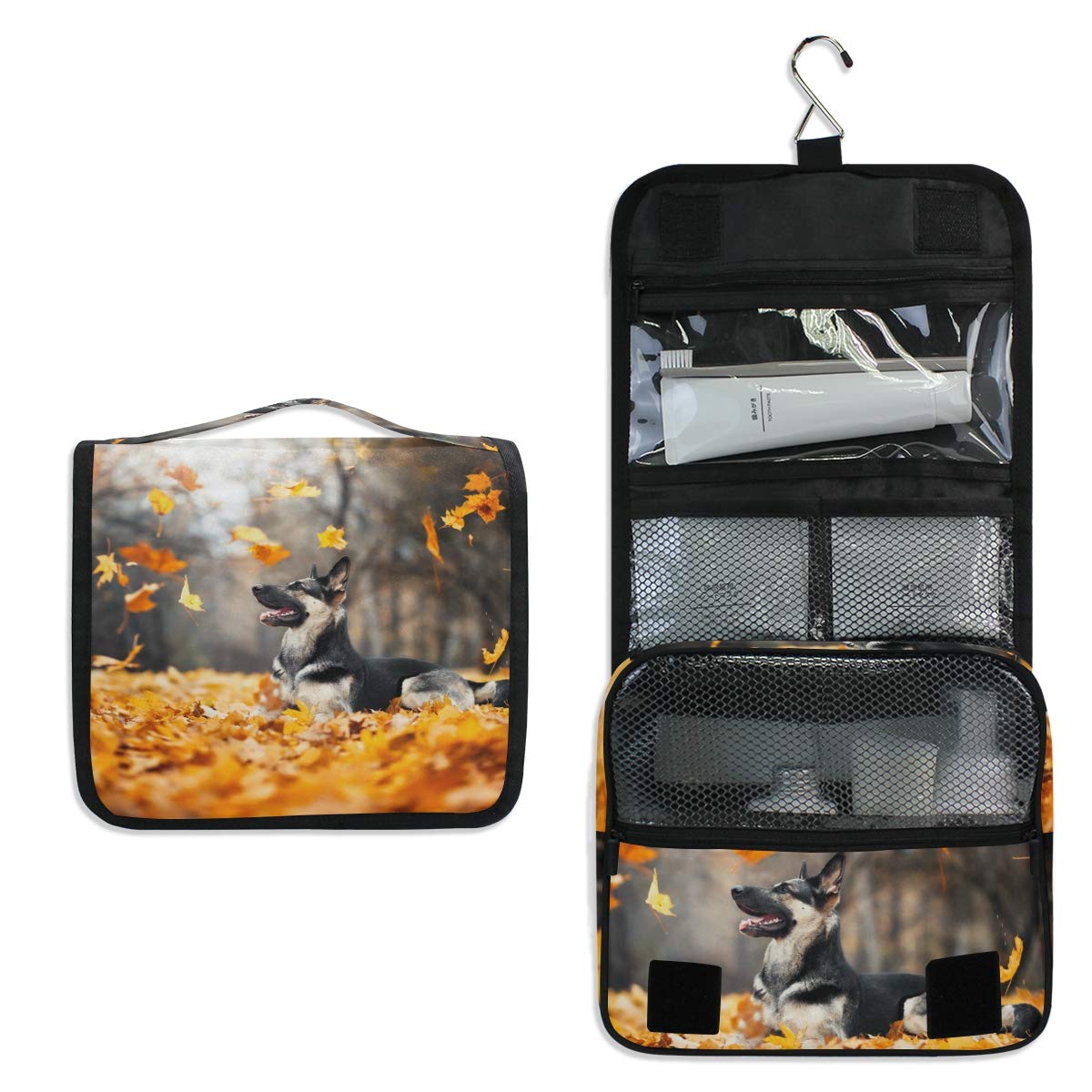 HousingMart Hanging Toiletry Bag Autumn Maple Leaf Dog Makeup Cosmetic Bag Zipper Toiletry Kit Large Travel Toiletry Bag Organizer with Hook