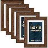 VCK 5x7 Picture Frame 5 Pack - Brown, High-End Wood Poster Frames with Tempered Glass, Display 4x6 Photo with Mat or 5x7 without Mat, Art Gallery-Quality, Wall Hanging/Tabletop, Brown