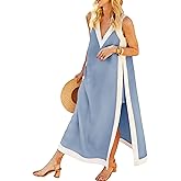 Hooever Women's 2 Piece Dress Sets Color Block Sleeveless V Neck Maxi Dress Matching Shorts with Pockets
