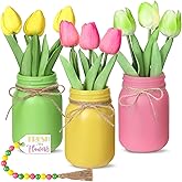 Karenhi 13 Pcs Decorative Mason Jar Spring Table Decor, Centerpieces for Tables with Tulips Artificial Flowers and Garland, Spring Table Centerpiece for Home Dining Kitchen Decorations Indoor