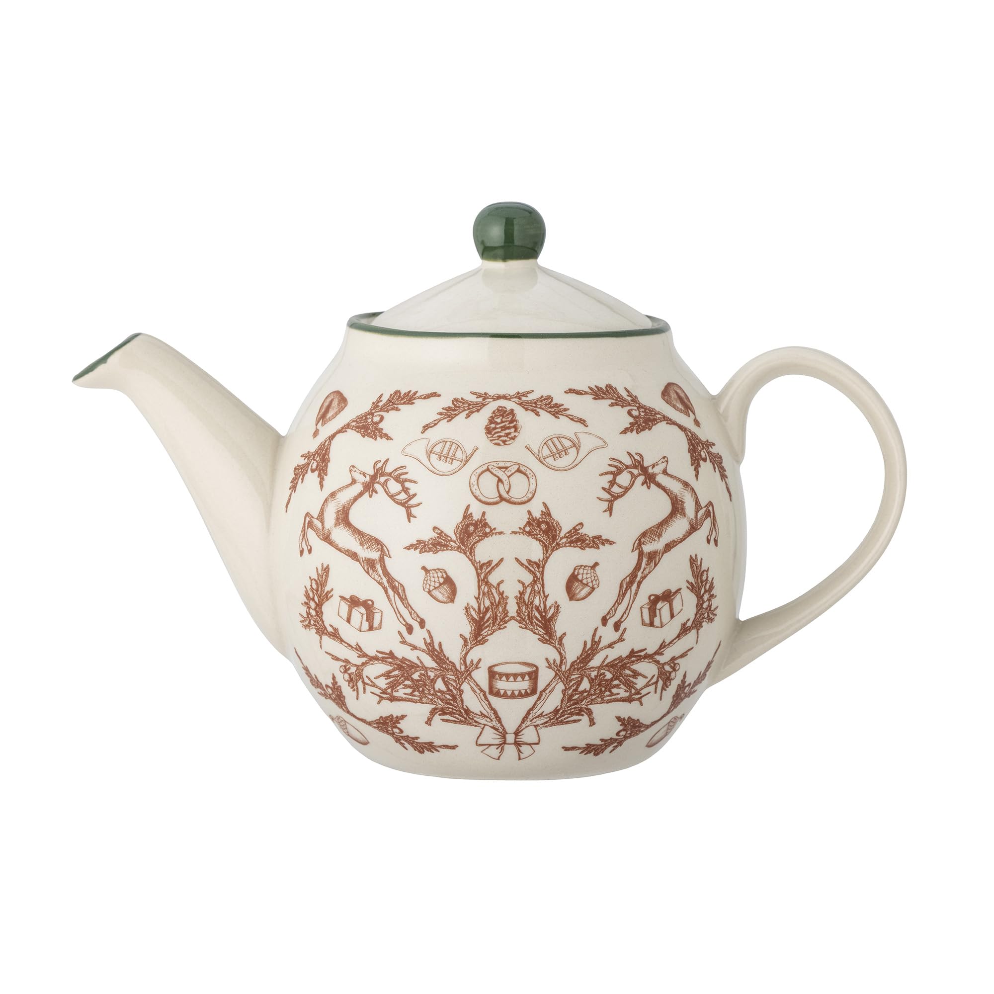 Bloomingville Beth Teapot in Cream - Retro Stoneware with Nostalgic Pattern, Green & Red Detail, 900ml Capacity, D14xH16 cm, Dishwasher/Microwave/Oven Safe, Ideal for Enjoyable Moments with Loved Ones