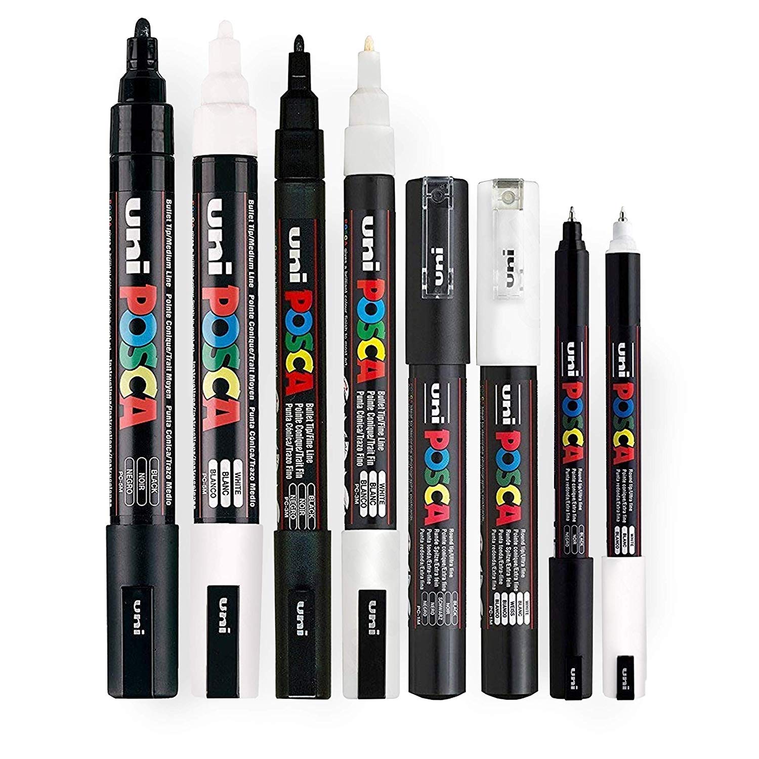 Posca - Water Based Permanent Marker Paint Pen - Multi Surface Use - PC-1MR, PC-1M, PC-3M, & PC-5M Set - Black & White Pack of 8 Pens