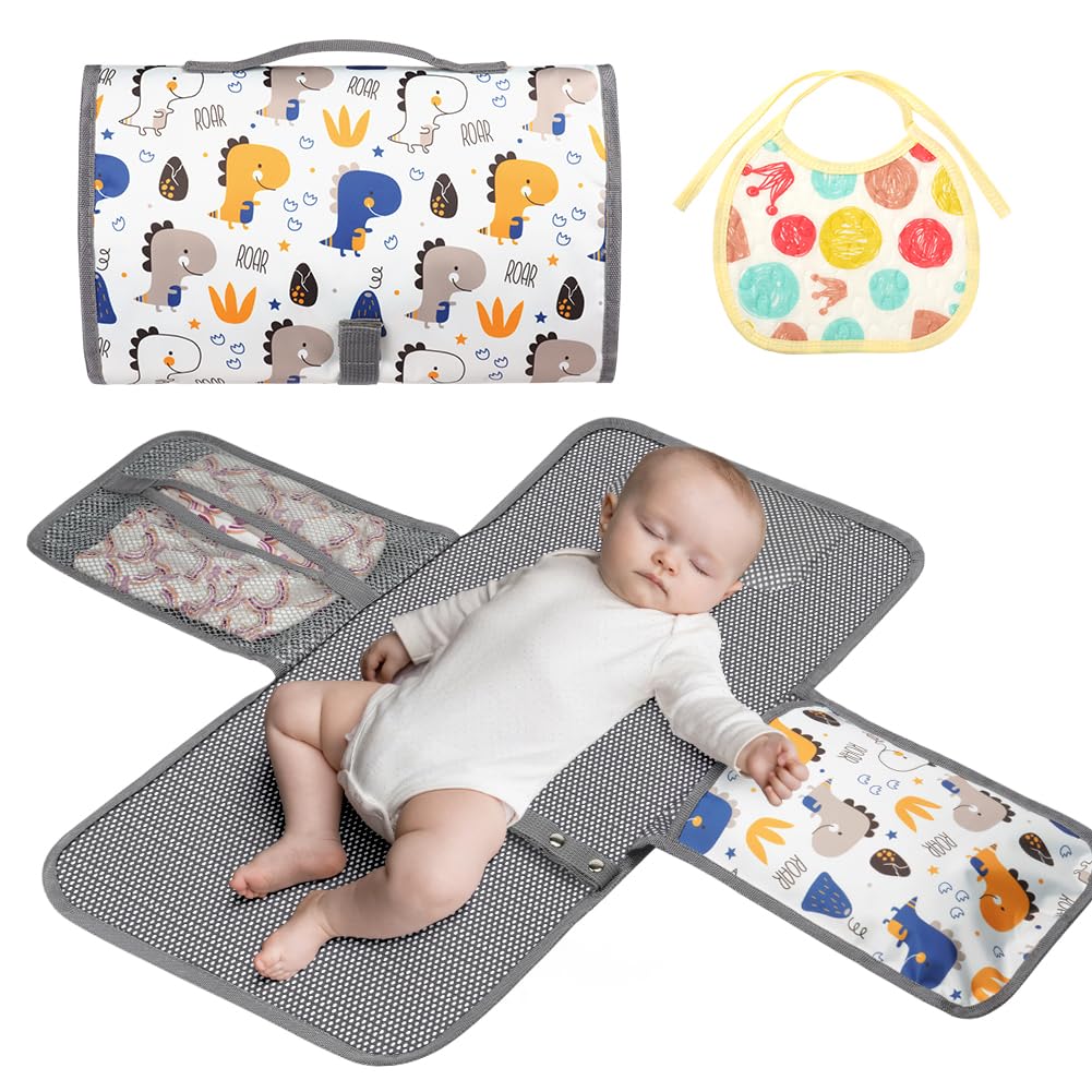HOTUT Portable Nappy Changing Mat,Travel Changing Mat with Pocket,Waterproof Travel Changing Mat with Wipe-Pocket and Head Cushion,Foldable Travel Changing Mat,Portable Changing Mat Travel (White)