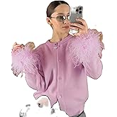 Women Y2k Feather Cuffs Sweater Cardigan Long Sleeve Button Closure Knitted Tops Winter Warm Faux Fur Trim Jacket