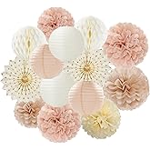 Champagne-Gold Beige-Peach Boho Party-Decorations Streamers - 14pcs Fall Neutral Baby Shower Rustic Bohemian Wedding Paper Honeycomb Lanterns Fan,Birthday Bachelorette Bridal Decor Lasting Surprise