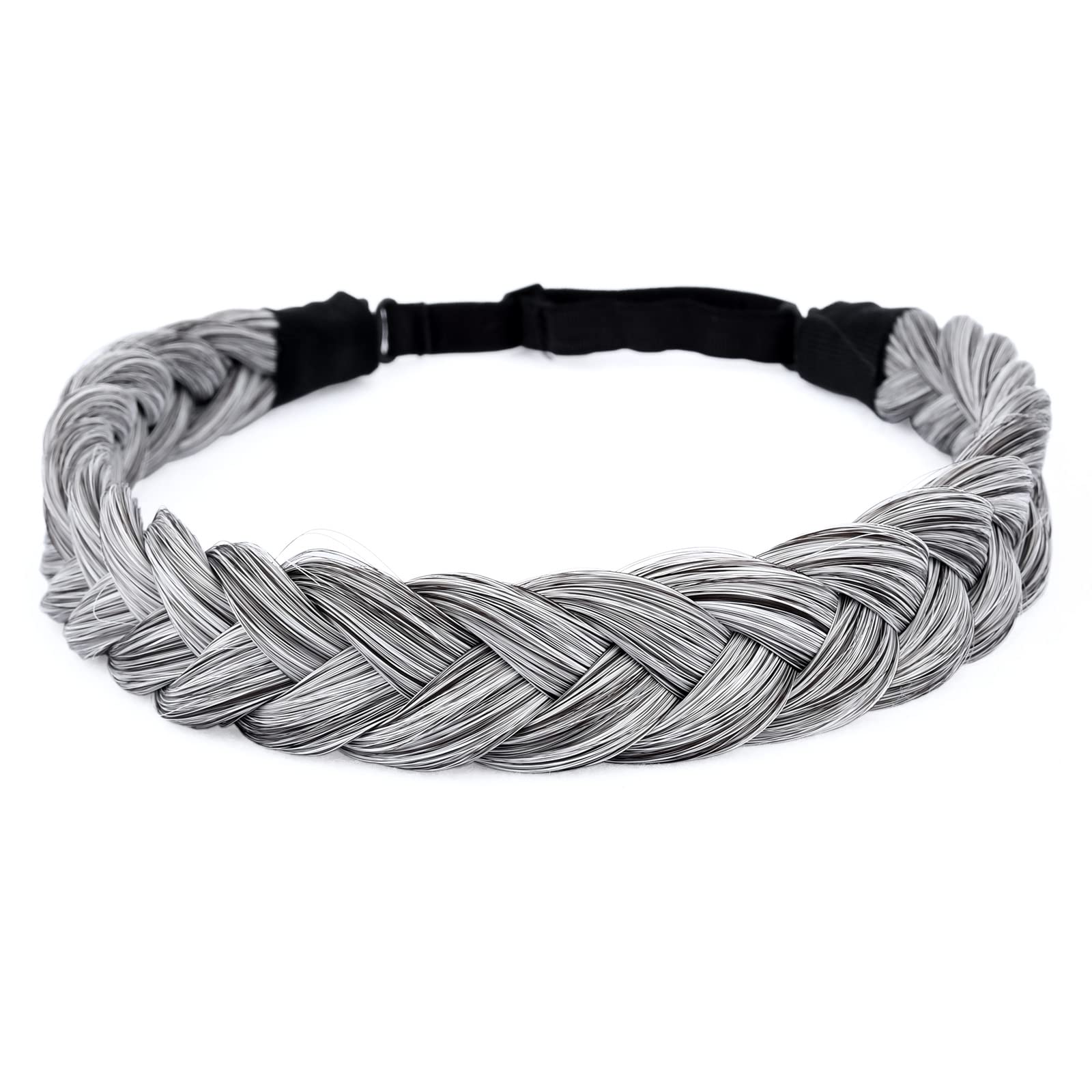 BOBIYA 2 Strands Synthetic Hair Braided Headband Classic Chunky Plaited Braids Elastic Stretch Hairpiece for Women Girl Beauty Accessory (Salt Pepper)
