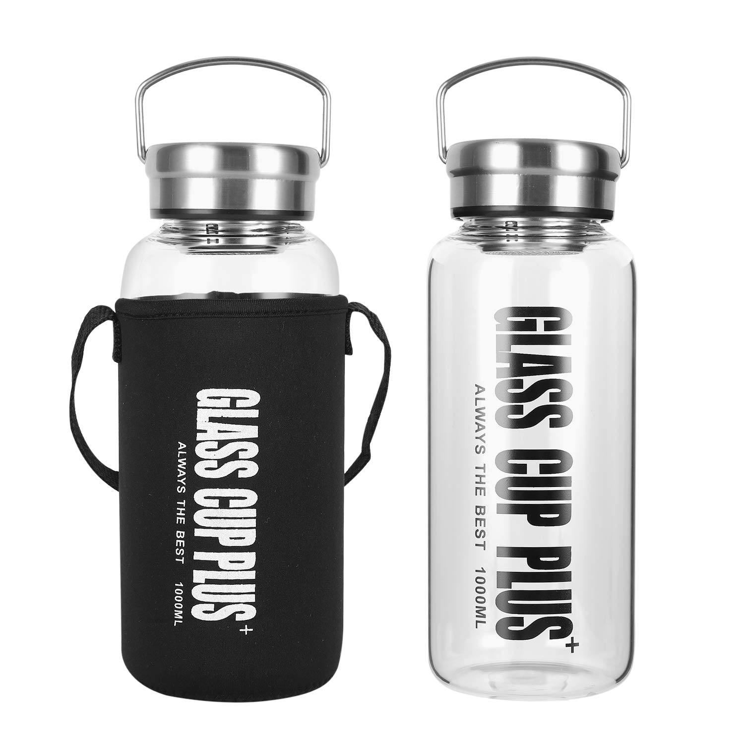 Glass Water Bottle 1 Litre, Sports Water Bottle, Borosilicate Wide Mouth Glass Drinking Bottles with Stainless Lid, Strainers Neoprene Sleeve and Brush, Reusable Water Bottle Ideal for Fitness, Office