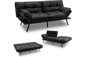 KOMFOTT Futon Sofa Bed, Faux Leather Memory Foam Convertible Futon Couch with Adjustable Backrest & Armrests, Metal Legs, Modern Loveseat Sleeper Bed Split-Back Sofa for Small Apartment & Office