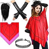 Simgoing 4 Pcs Halloween Red Web Poncho Cosplay Costume Set Red Spiderweb Poncho Cape Black Wig Choker Gloves for Women