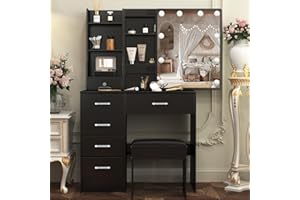 Black Vanity with Ligted Mirror, Vanity Desk with Sliding Mirror and Lights, 3 Lighting Modes & Adjustable Brightness, Vanity