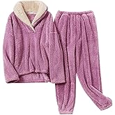 Fenclushy Women's Fluffy Loungewear Sleepwear Lounge Casual Pajamas Sets Loose Long Sleeve Fleece Pullover and Pants Set