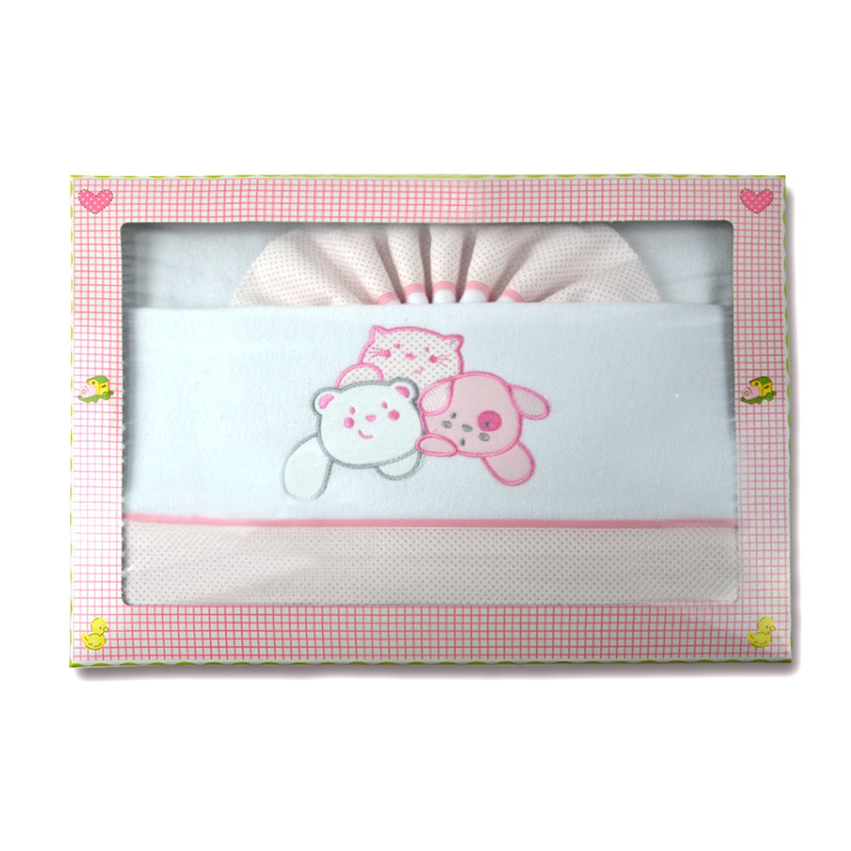 Pekitas 3-Piece Baby Flannel Cot Bedding Set for 60 x 120 cm Cot, 100% Cotton, Made in Portugal Pink-White