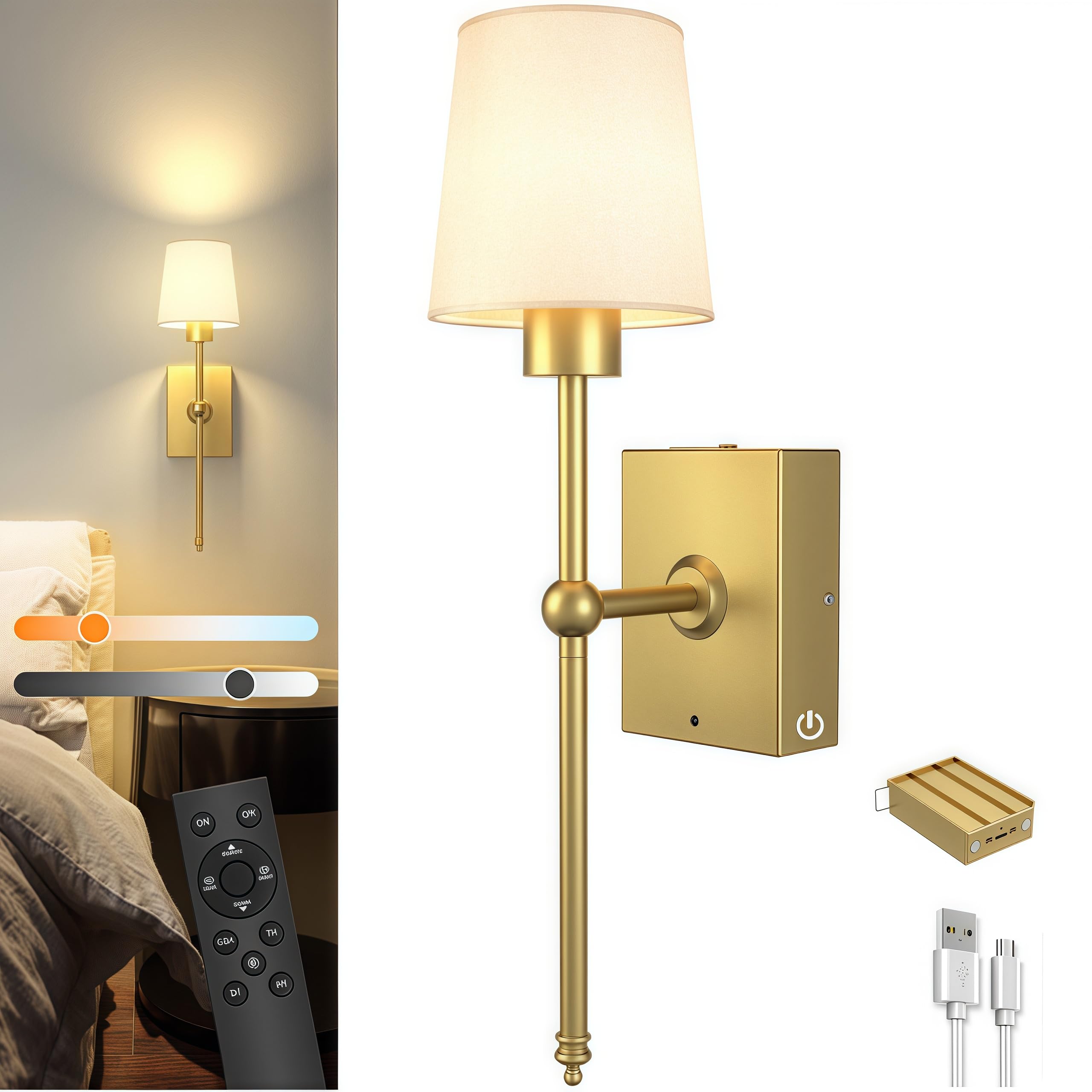 Photo 1 of 1 Pack Battery Operated Wall Sconce Light: 6000mAh Gold Rechargeable Wall Lights with Touch and Remote, 4CCT Dimmable Battery Powered Wireless Scone Lighting for Bedroom Bathroom Hallway Living Room