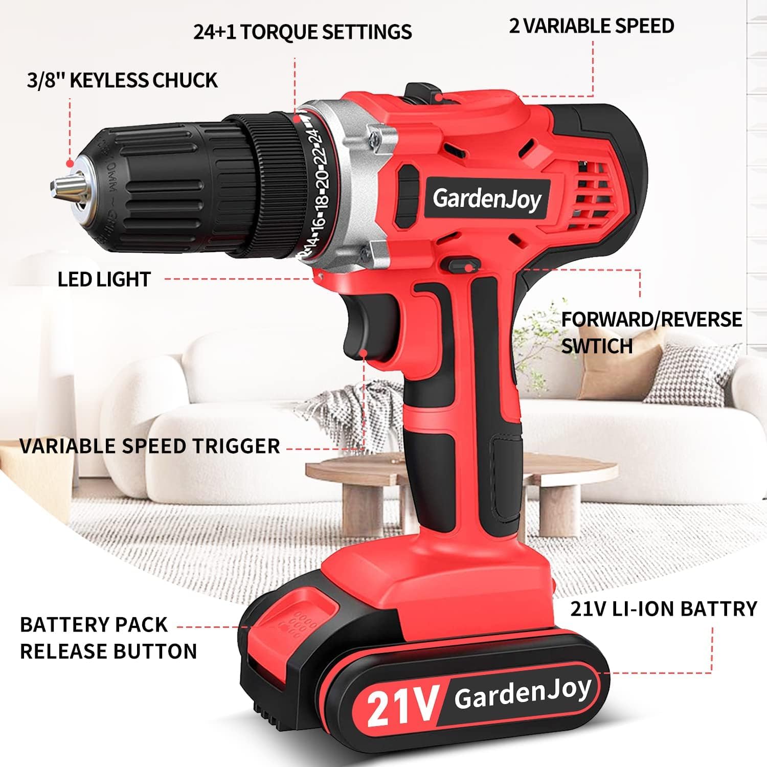 21V Power Drill Cordless Tool Kit Set, Electric Screwdriver Cordless Drill with Battery and Charger for Men Home, 3/8-Inch Keyless Chuck, Variable Speed, 24+1 Torque Setting with LED(Red)
