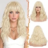 BARSDAR Medium Length Blonde Wig With Bangs - 18 Inch Wavy Blonde Wigs With Bangs for Women, Curly Wavy Synthetic Shoulder Length Wigs Daily Party Halloween