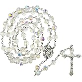 CACALOSS Catholic Rosary Necklace, Jesus Cross, Rainbow Sparkle Crystal Rosary Necklace for Baptism Prayer