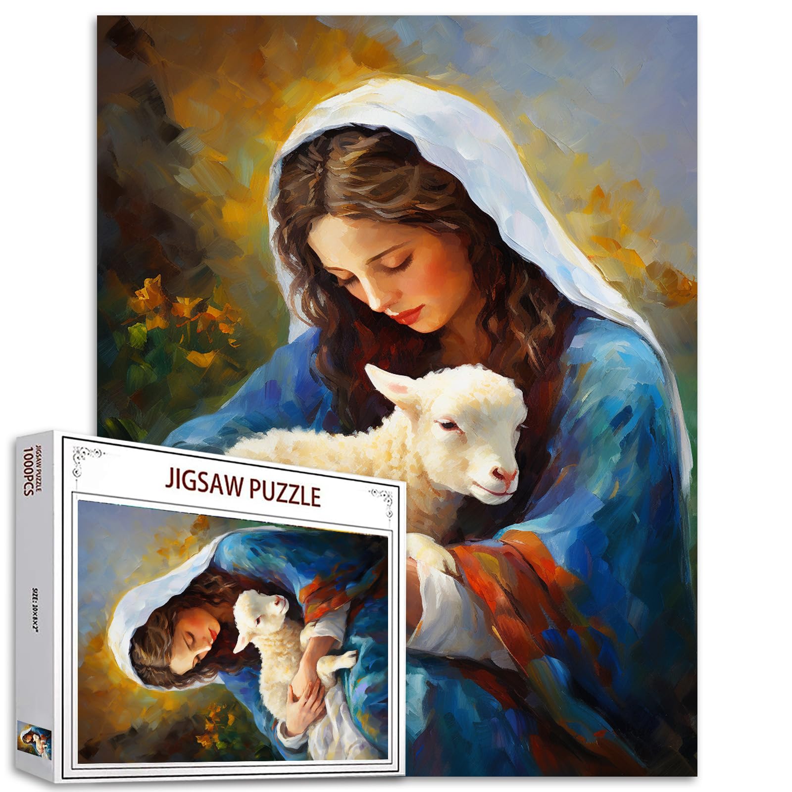 Photo 1 of ***FACTORY SEAL***

 Woman Mary and Sheep Jigsaw Puzzles for Adults 1000 Pieces, Jesus Religious Faith Art Jigsaw Puzzle Colorful DIY Craft Puzzles for Home Decoration Gifts, Family Puzzle Perfect for Game Nights